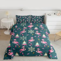 Manfei Kawaii Pink Flamingo Queen Comforter Set, Winter Christmas Snowflake Bedding Sets, Teen Boy Girl Kid Bedding Comforter Set, Breathable Home Decor, 3 Pieces
