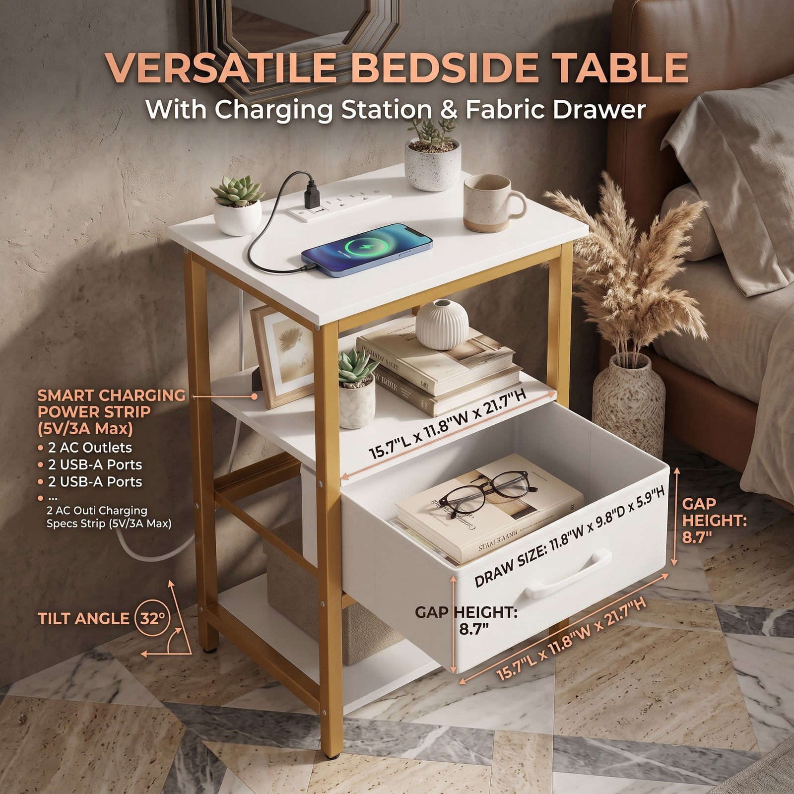 Furnibear Nightstand with Charging Station and Foldable Fabric Drawer and Open Shelves for Bedroom and Living Room, Bedside Table, White and Gold