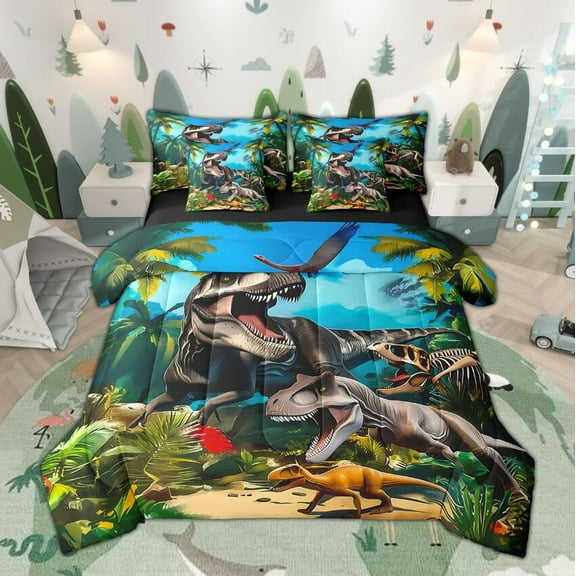 Manfei 3D Cartoon Dino Boy Twin Bedding Sets 7-Piece, Jungle Tyrannosaurus Rex Bedding Comforter Set, Ancient Animal Sheet Sets, Breathable Bedroom Decor
