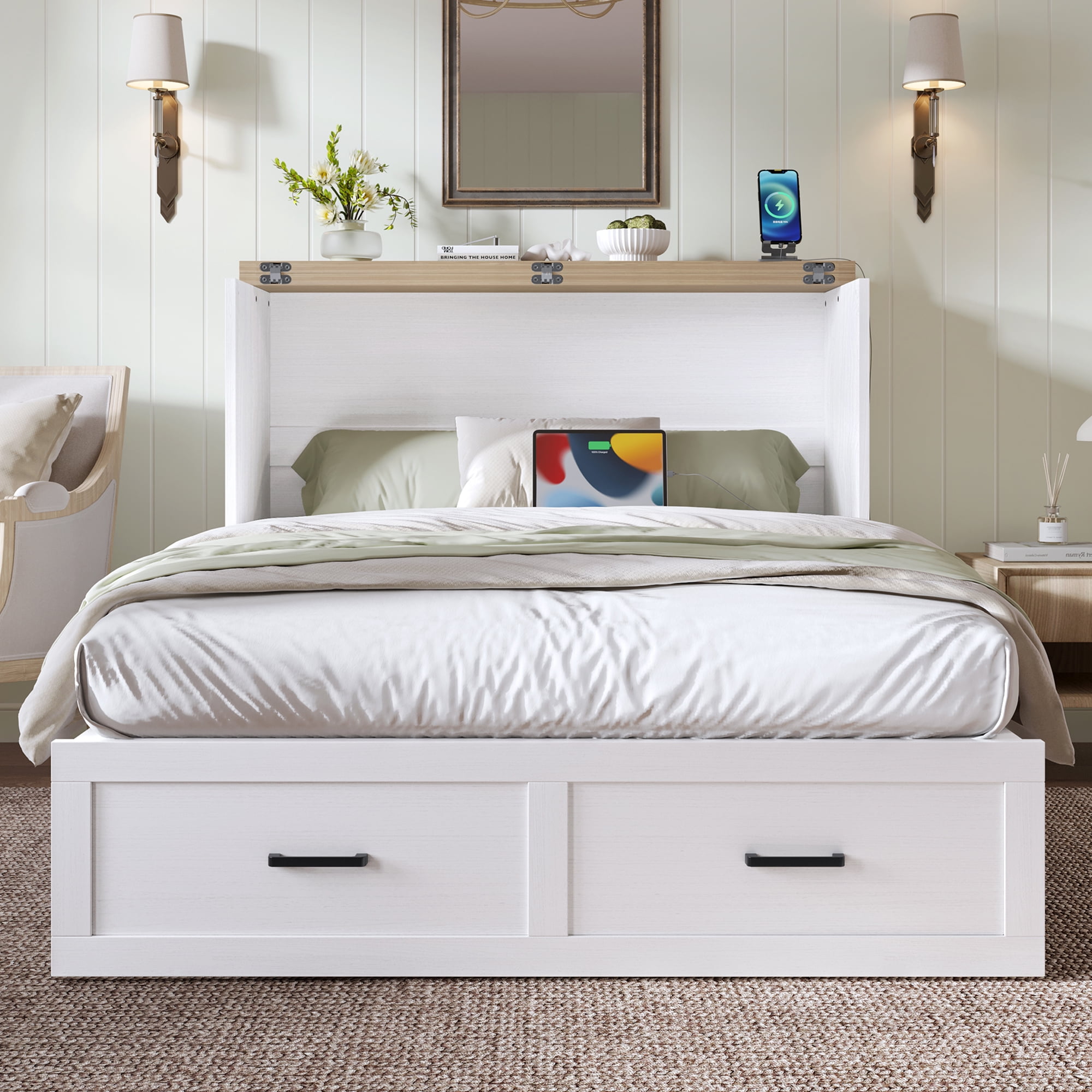 Yoneston Full Size Murphy Cabinet Bed with Storage Drawers & Charging Station, Foldable Platform Bed for Guest Room Bedroom Living Room, White