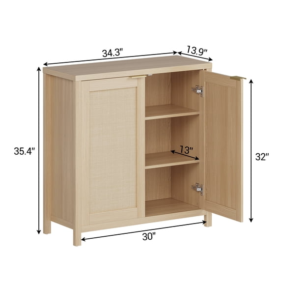 Freestanding Rattan 2-Door Storage Cabinet with 2 Adjustable Shelves, Natural Wood Accent Cabinet, Large Capacity Buffet Sideboard for Living Room, Kitchen