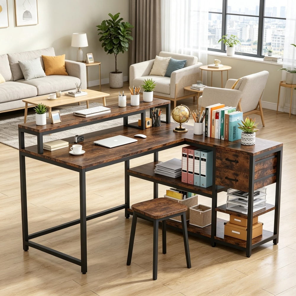 L-Shaped Corner Desk with Shelves & Drawers, Monitor Riser Workstation, E1 Particle Board Metal Frame Computer Desk for Home Office Gaming