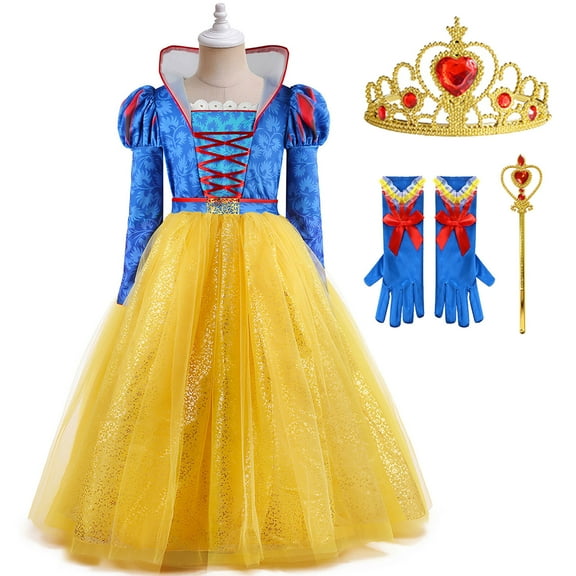Girls Snow Costume with Crown Wand Gloves Princess Dress Halloween Outfits, Size 7-8