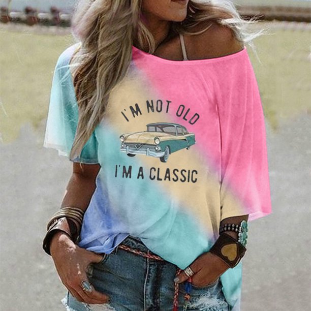 Pntutb Blusa con monograma con teñido anudado y hombros sueltos de talla grande de verano para mujer Pntutb Pntutb-913