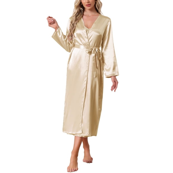 Conjunto de Bata de Satén para Mujeres INSPIRE CHIC de 2 Piezas, Camisón de Seda Suave Midi, Conjuntos de Pijamas Sexys, Batas de Dama de Honor M Oro