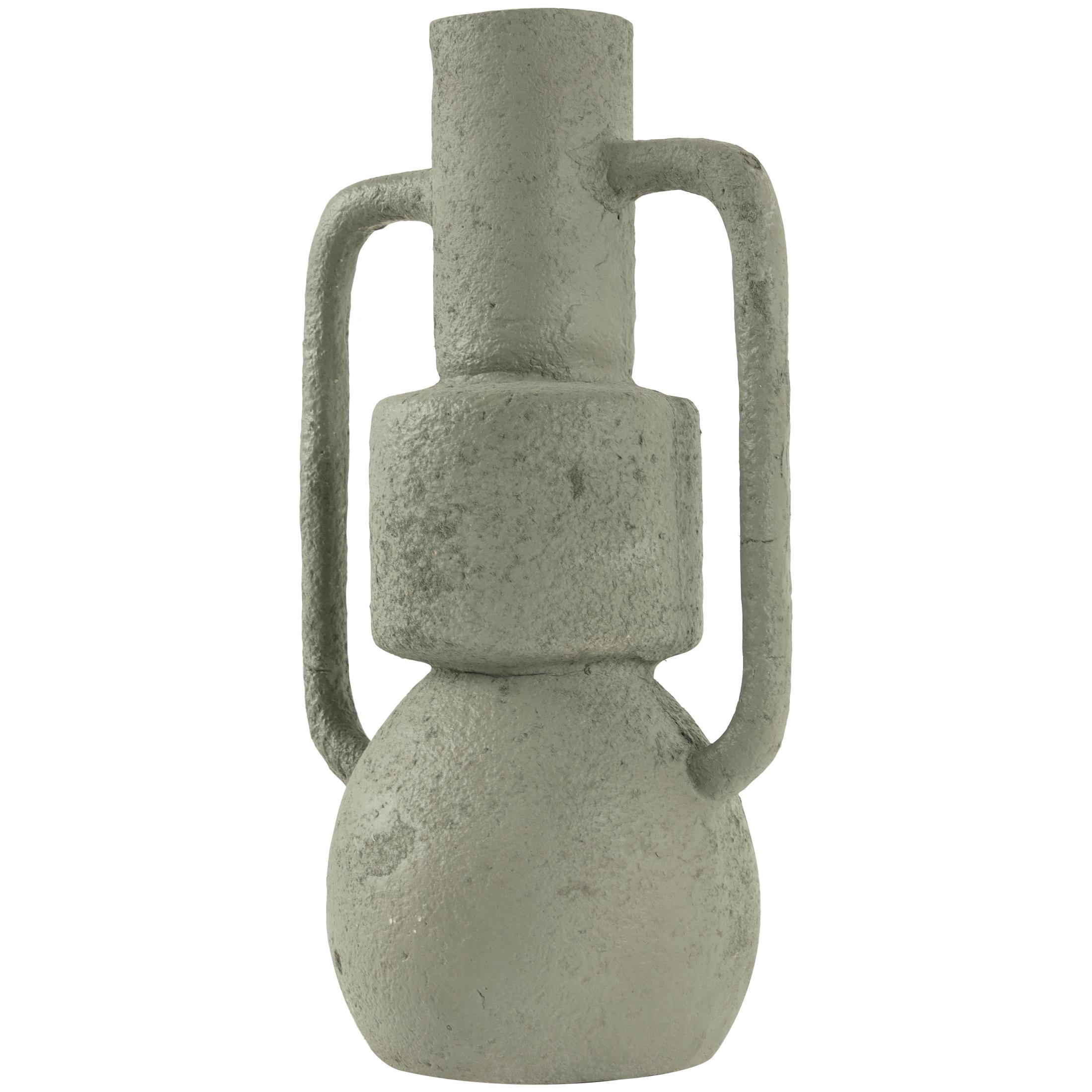 DecMode 16" Abstract Textured Light Gray Paper Mache Vase with Squared Handles