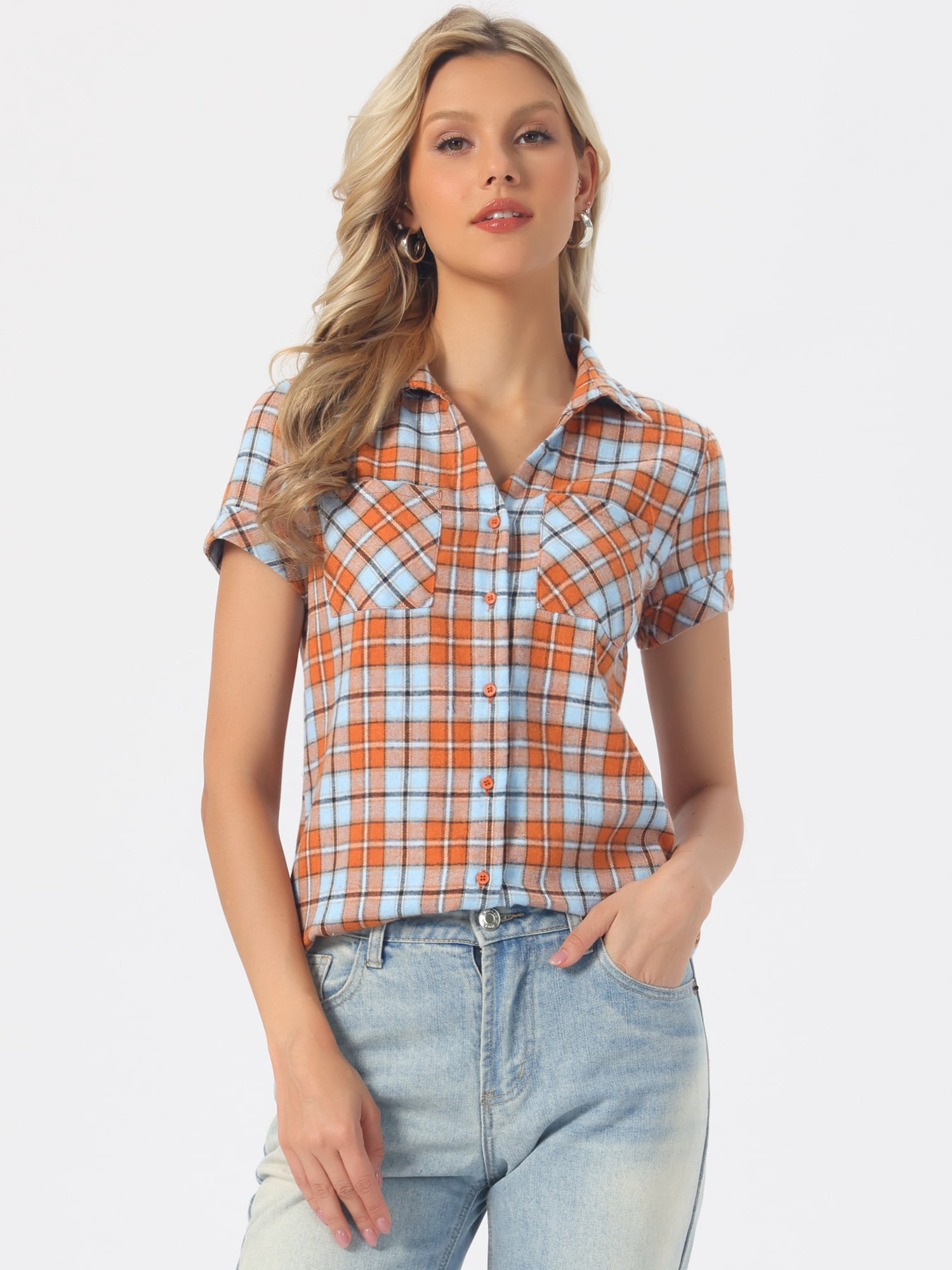 DARING DIVA Women's Plaid Shirts Cotton Short Sleeve Button Down Shirt M Deep Orange