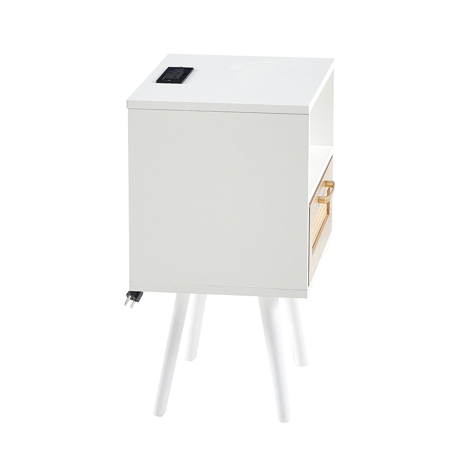 Aukfa Modern Nightstand Rattan End table with Power Outlet,USB Port for Living Room Bedroom,White
