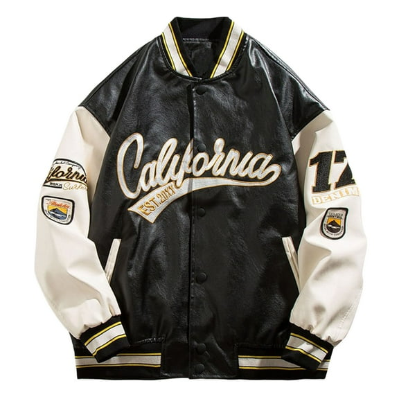 Tiweut Baseball Jackets for Mens Mens Letter Embroidered Long Sleeve Patchwork Zipper Loose Fit Coat Tops Black,L