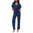 thumbnail image 1 of Mono de Mujer PRETTYGARDEN Azul Marino Cruzado con Cuello en V y Cinturón Talla M, 1 of 7