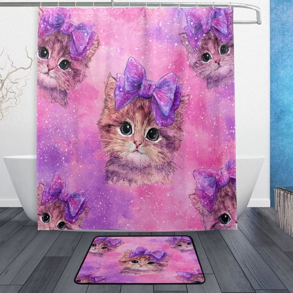 TTYFWHD 60" x 72" Shower Curtain and Bath Mat Set Adorable Orange Cat Pattern Waterproof Bathroom Curtain with 12 Hooks, Bathroom Decor Set