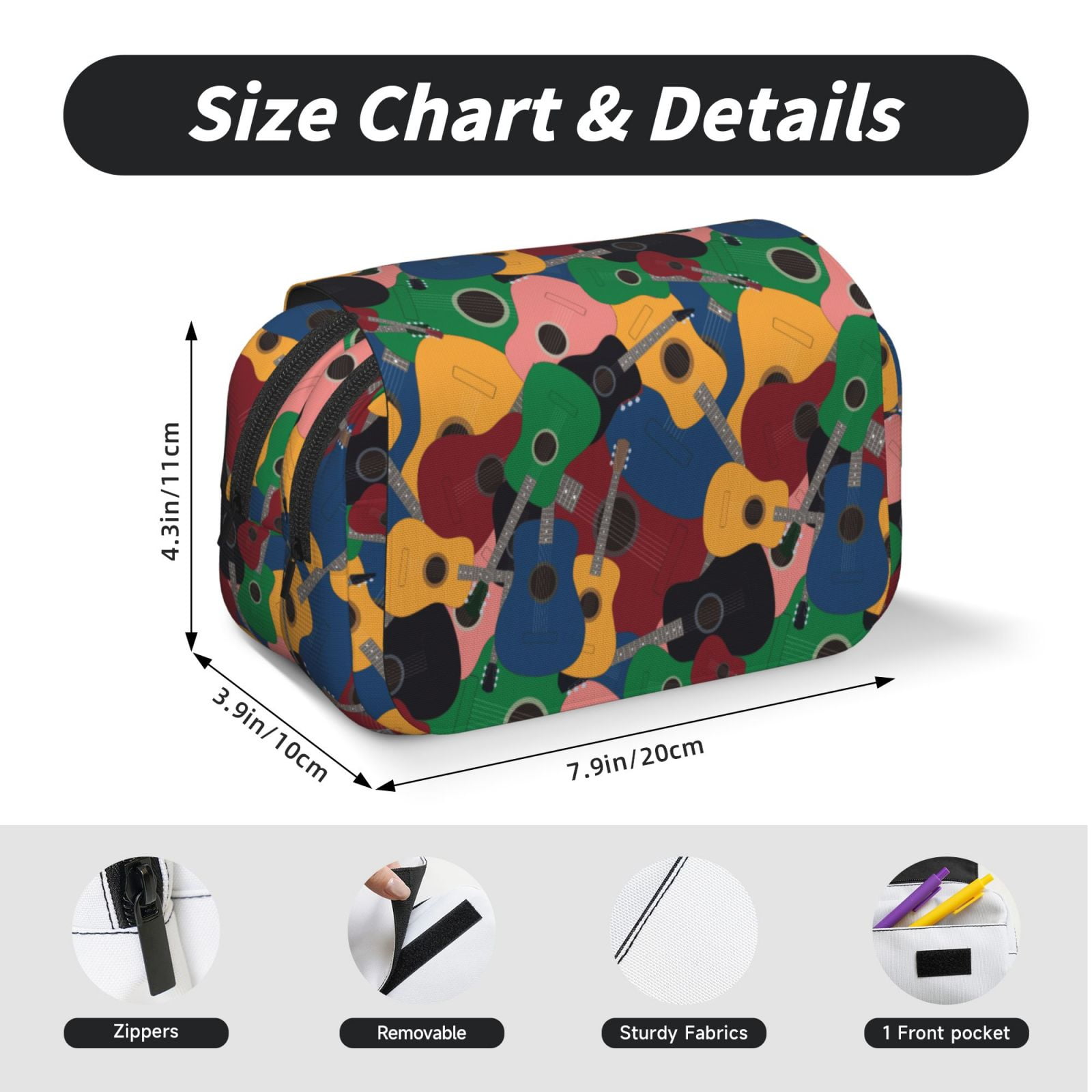 Rateoe Colored Guitars Pattern Double Clamshell Pen Case, Storage Organizer with Two Zipper Compartments– Holds Up to 50 Pencils & Pens