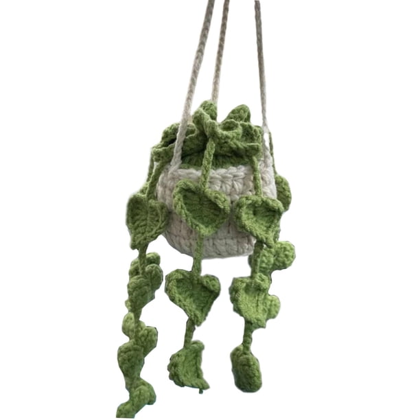 Accesorios colgantes para espejos de coche con plantas en macetas tejidas a crochet, plantas de coche bohemias tejidas a crochet estilo A