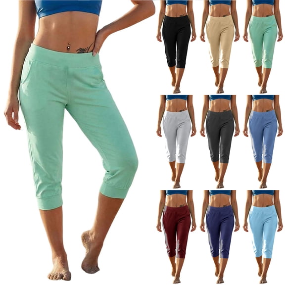 Bloomae Capris for Women with Pockets Elastic High Waisted Stretch Pull On Ankle Business Casual Travel Athletic Work Capri Pants Trendy Solid Color Yoga Cropped Pants