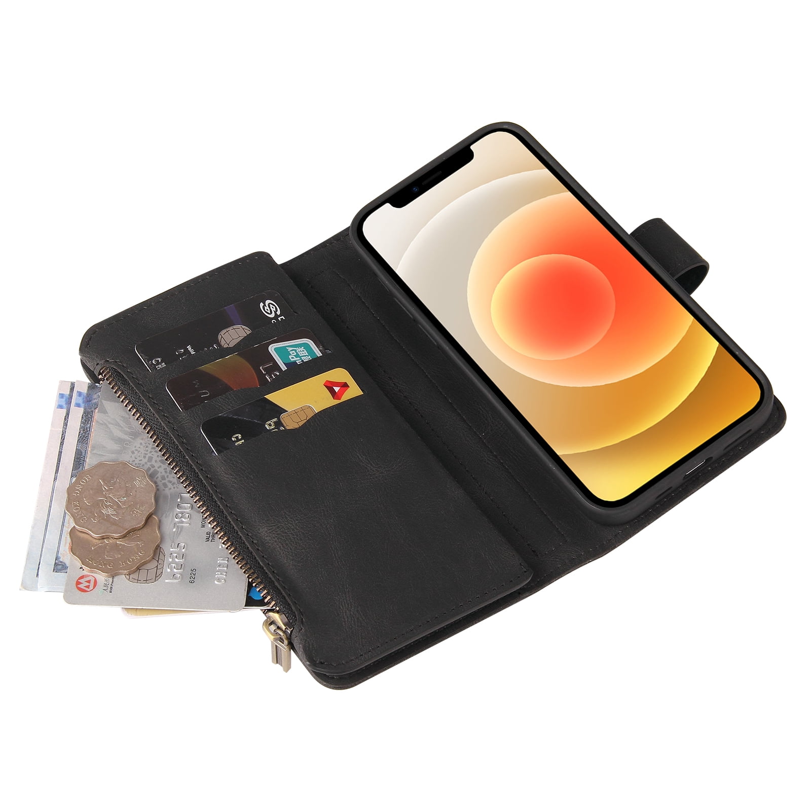 Wallet Case for iPhone 12 / 12 Pro, Magnetic Zipper Pouch Premium PU Leather with Kickstand Wallet Flip Shockproof Phone Case Wrist Strap Card Slots Holder Pocket iPhone 12 / 12 Pro, Black