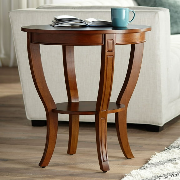 Elm Lane Patterson II Vintage Cherry Wood Round Accent Side End Table 26" Wide with Lower Shelf Brown Curving Legs for Living Room Bedroom Bedside