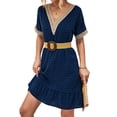 thumbnail image 3 of HUBERY Women Swiss Dot Lace Trim V Neck Short Sleeve Ruffle Hem Mini Dress, 3 of 7