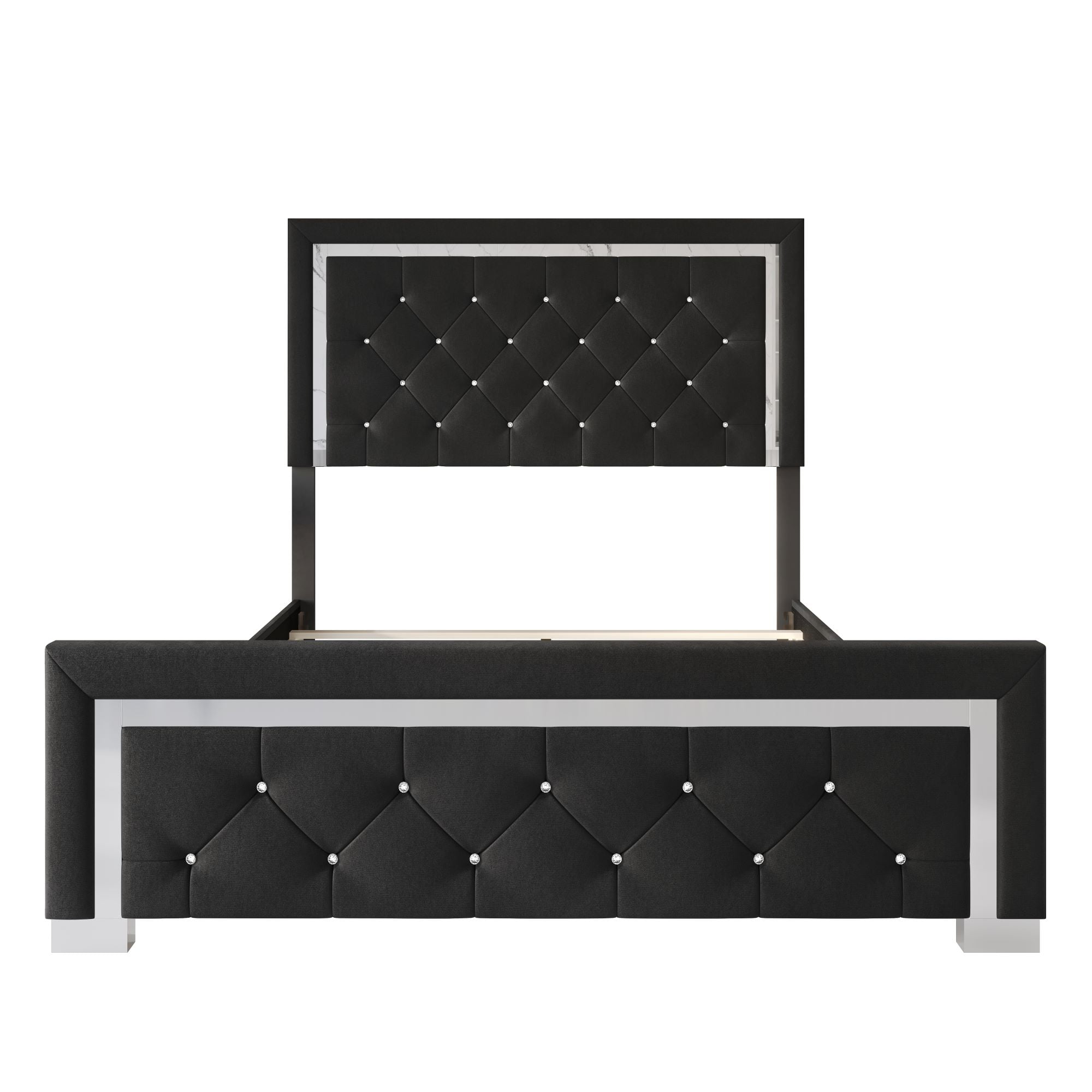 Home Design Toccoa Full Upholstered Panel Bed Frame with Diamond Button-Tufted Headboard and Silver Metal Accents, Black, Easy Assembly