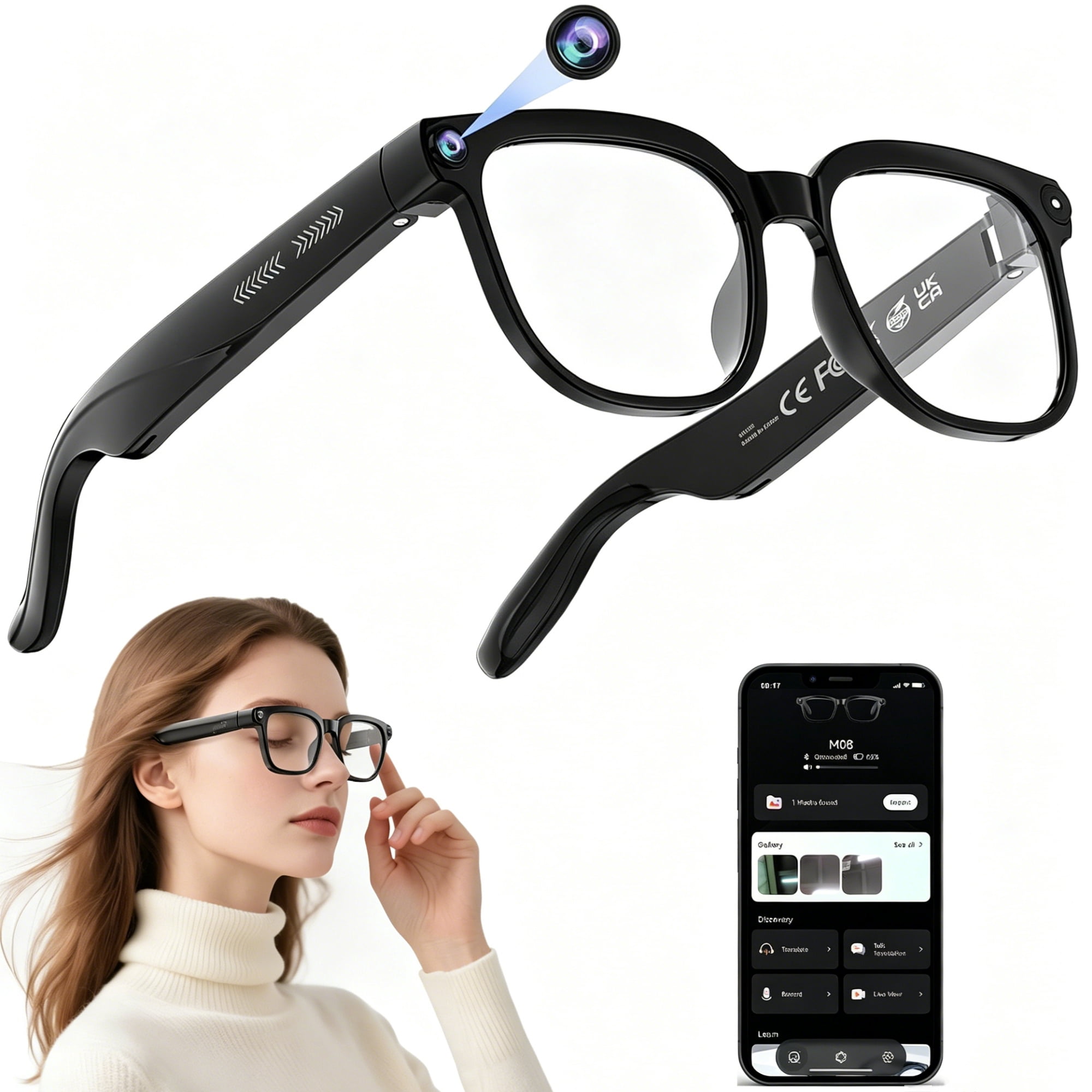 2026 AI Smart Glasses with 8MP 4K Camera, Video Recording Glasses with Photo, Real-Time Translation in 139 Languages, ChatGPT Voice Assistant, Open-Ear Bluetooth Headphones, Travel, Meetings & Vlog