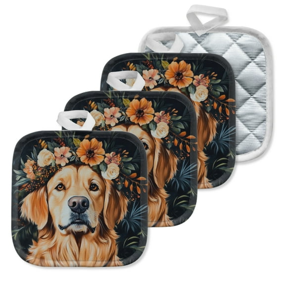 4 Pack Pot Holders,Kitchen Essential, Potholder Set,Golden Retriever With A Flower Wreath In A Dark Background