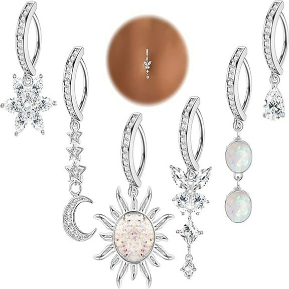 6 pcs 14G Clicker Belly Button Ring for Women 316L Surgical Steel Butterfly Snake Evil Eye Heart CZ Opal Dangle Belly Button Rings Simple Reverse Navel Rings Body Belly Piercing Jewelry