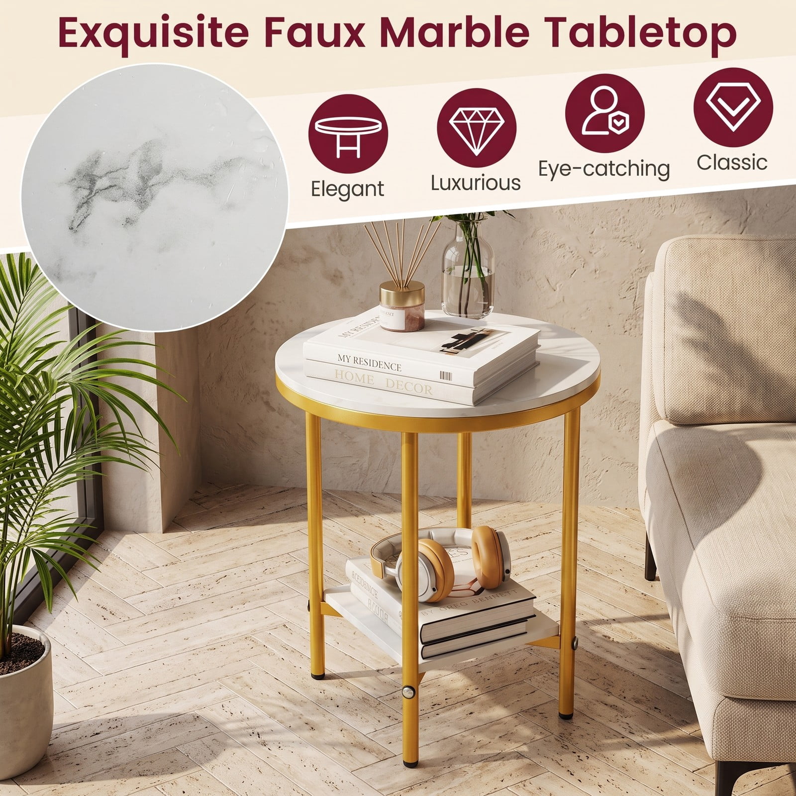 Furnibear 2-Tier Round Coffee Table with Storage Shelf, Faux Marble Top End Side Accent Table with Golden Metal Frame for Living Room Bedroom Small Space, White & Gold