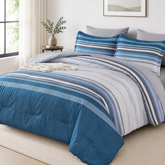 Grayish Blue Full Size Comforter Set 7 Pieces, Boho Striped Microfiber All Season Bedding with Comforter, Sheets, Pillowcases & Shams