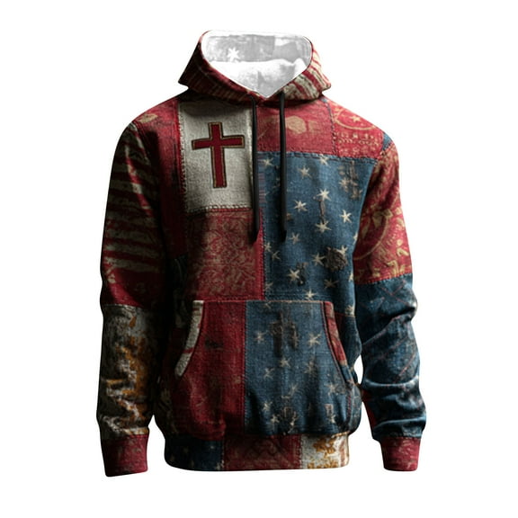 Dovford Men's Vintage Casual American Flag Cross Faith Hoodie, God Worship Long Sleeve Sweatshirt, Retro Love Jesus Christ Tshirt