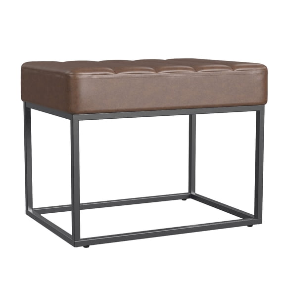 Benjara Kai Ottoman Footstool- Dark Brown Faux Leather- Black Metal- 22 Inch