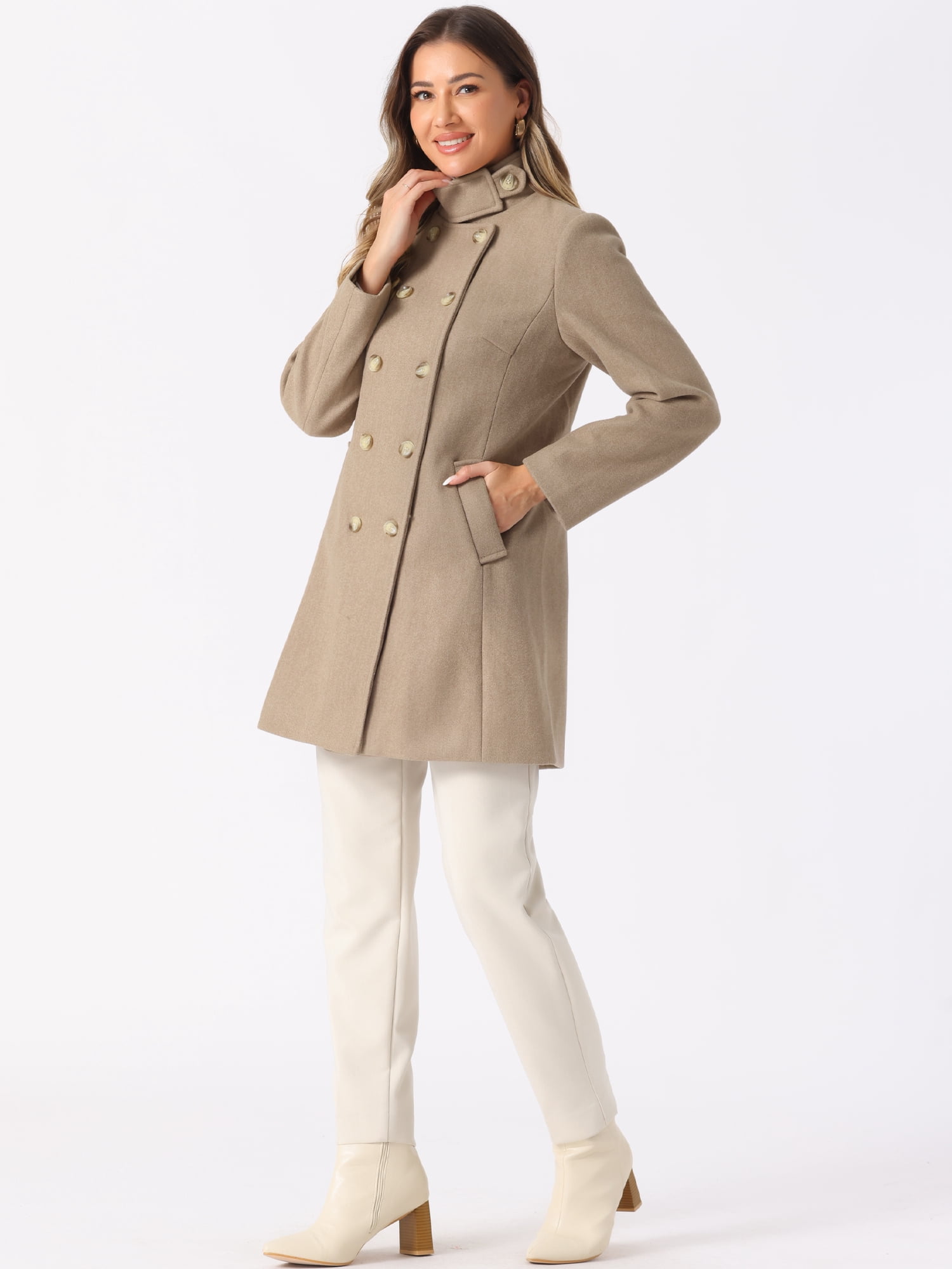DARING DIVA Women's Winter Trench Casual Stand Collar Pea Double Breasted Overcoat M Brown