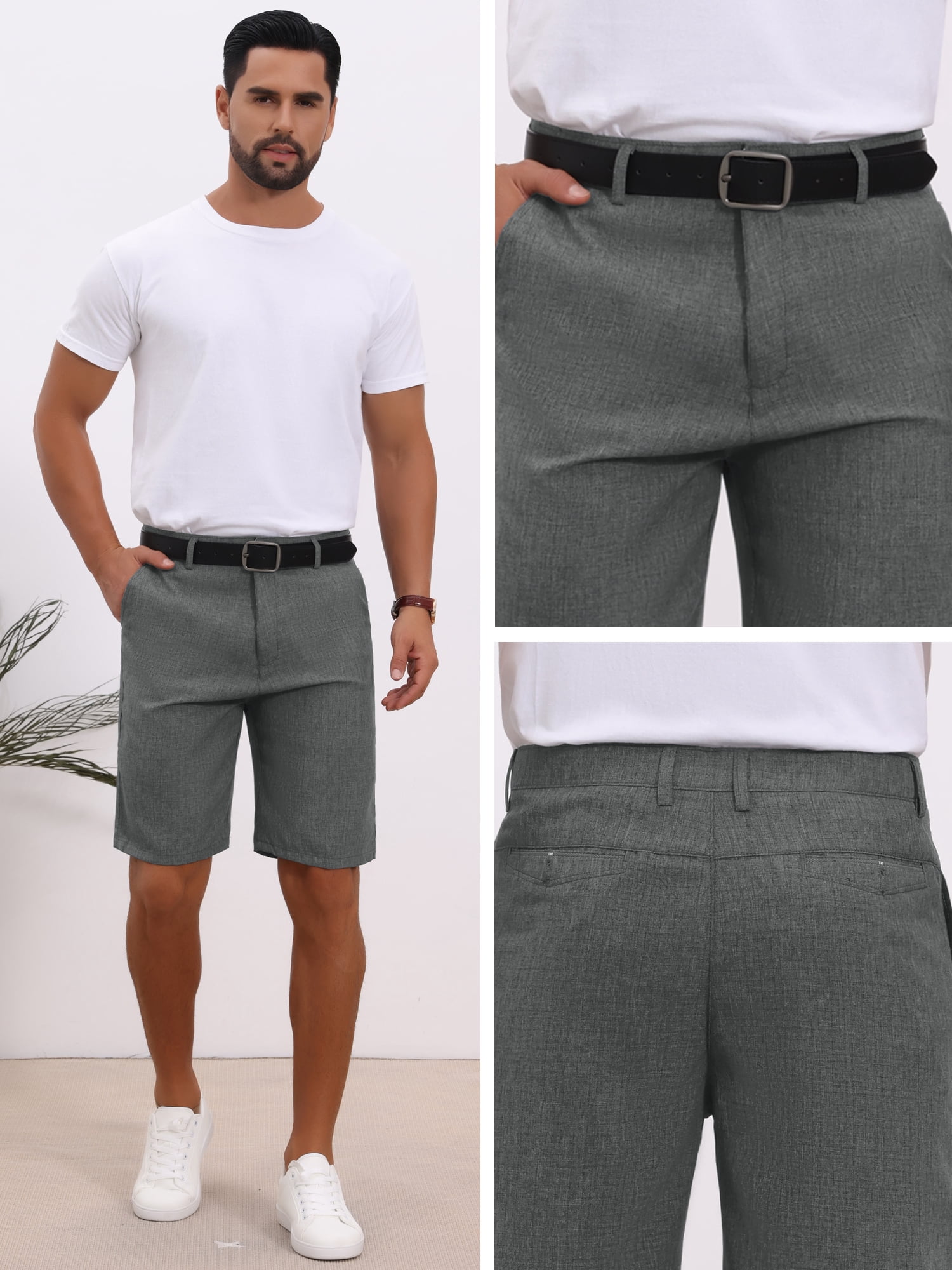 DARING DIVA Men's Above Knee Formal Linen Texture Shorts Pants with Pockets 30 Gray