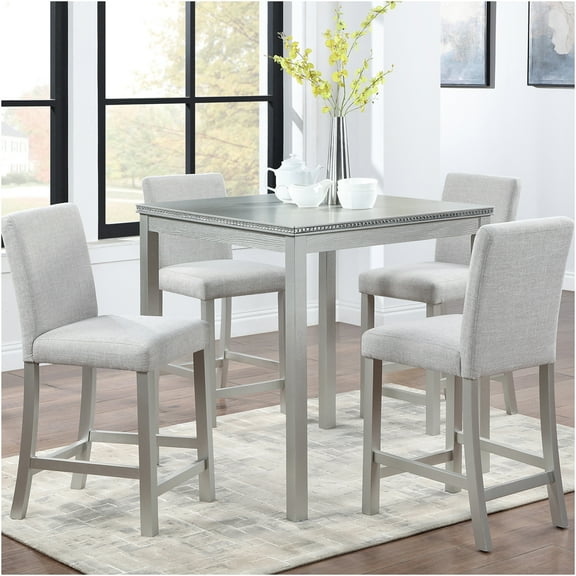 JERFIT 5-Piece Silver Grey & Beige Counter Height Dining Set with Crystal Accent Square Table & 4 Upholstered Chairs