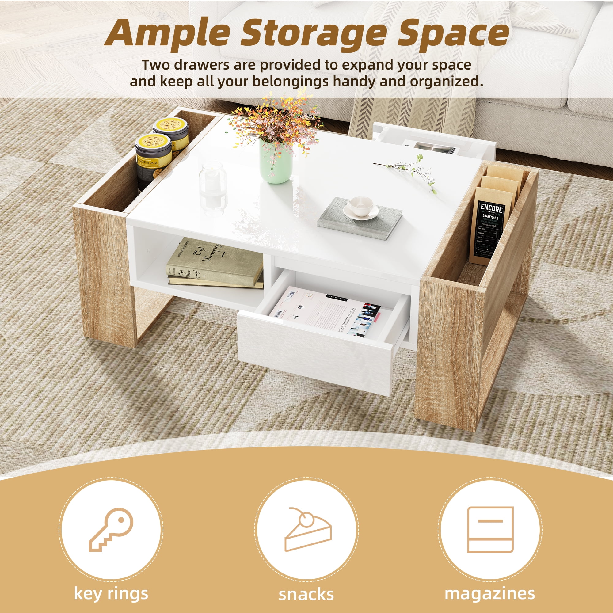 MAYEERTY High Glossy Coffee Table with 2 Drawers & Open Storage Shelf, Two-Tone Rectangle Center Table with Hidden Compartments, Modern Cocktail Table for Living Room, Bedroom, White, 41.3 x 23.6"