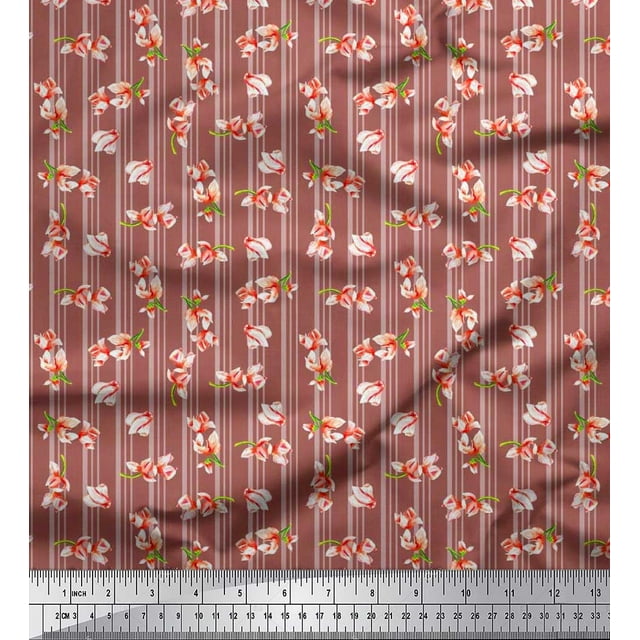 Soimoi Poly Georgette Fabric Stripe & Magnolia Floral Printed Fabric 1 Yard 42 Inch Wide