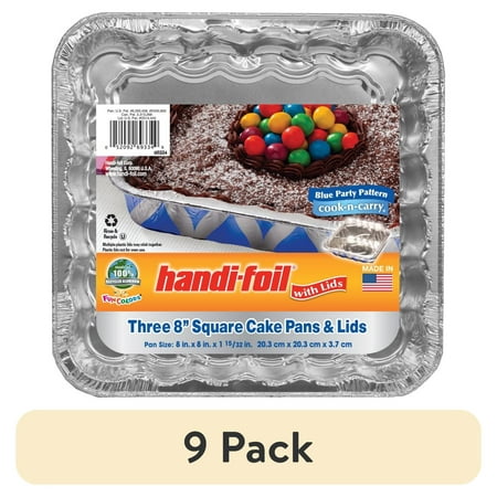 (9 pack) Handi-Foil 8" Square Aluminum Blue Geometric Cake Pan with Lids, 3 Count