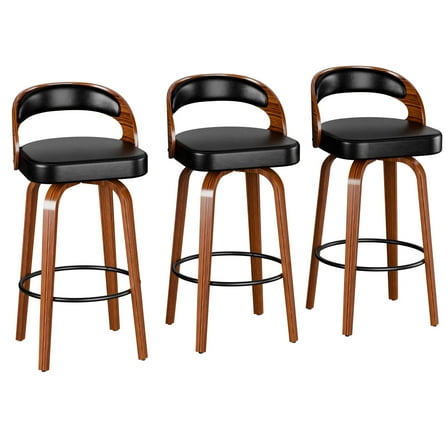 Hersunpl Swivel Bar Stools Set of 3, 26" Counter Height Barstools with Back & Arms, Faux Leather Upholstered Chairs with Bentwood Frame for Kitchen Island – Black
