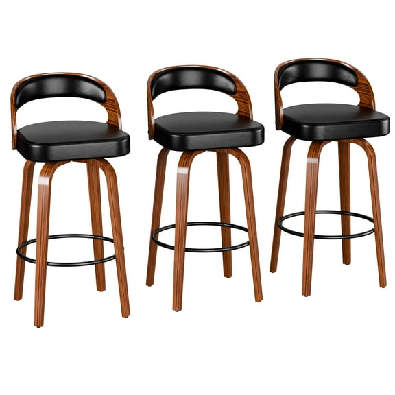 Hersunpl Swivel Bar Stools Set of 3, 26" Counter Height Barstools with Back & Arms, Faux Leather Upholstered Chairs with Bentwood Frame for Kitchen Island – Black