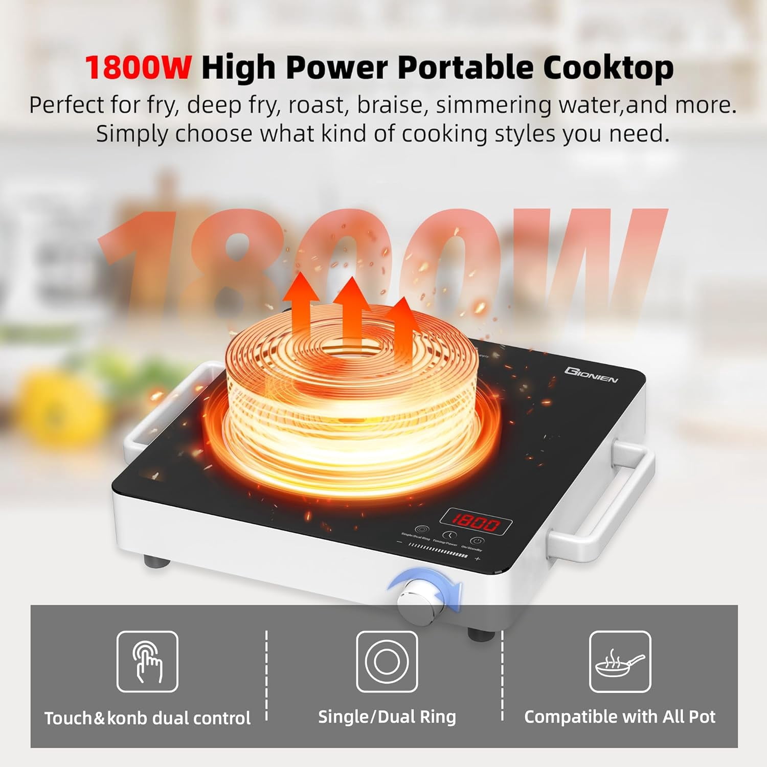 110V Portable Electric Cooktop with 3 Heat Modes, 3-Hour Timer & Safety Lock