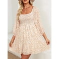 thumbnail image 5 of Women's Smocked Floral Square Neck Dress 100% Polyester Ruched Stretch Lightweight Knee Length Elegant Everyday Wear, 5 of 8