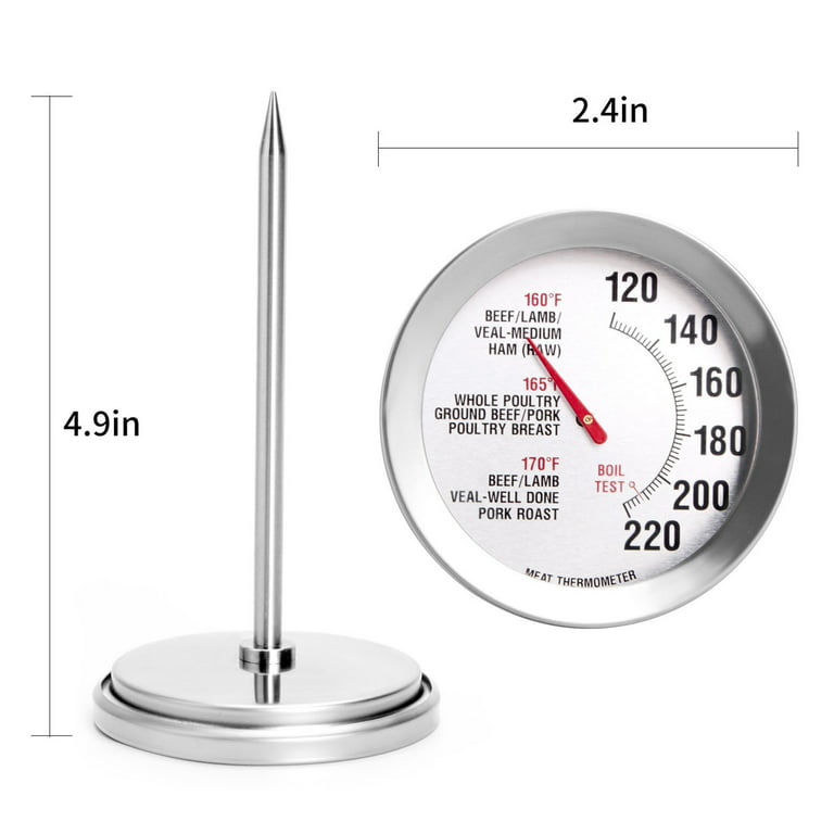 August Roasting Meat Thermometer Oven Safe Large 2.5In Easy-Read Face  Stainless Steel 