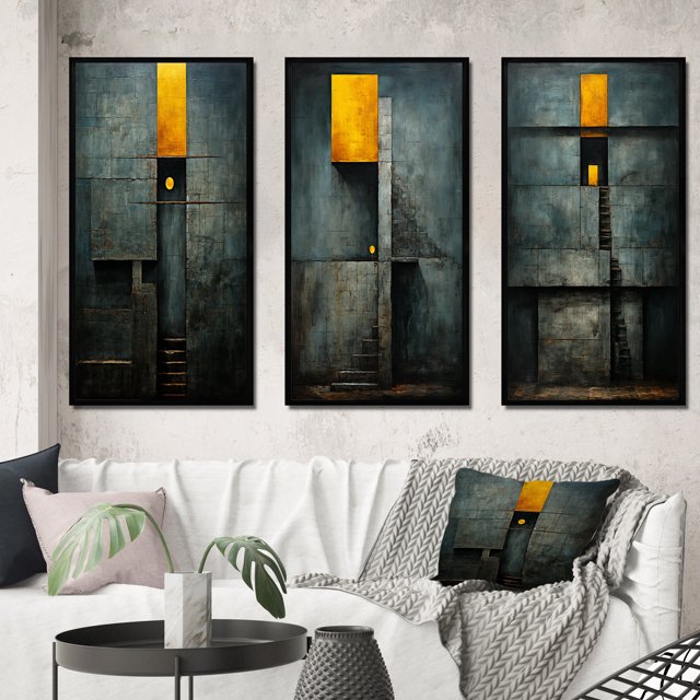 Designart "Vintage Wisdom Minimal Orange" Modern Geometric Framed Wall Art Set Of 3 - Gold Abstract Geometric Frame Gallery Wall Set For Home Decor