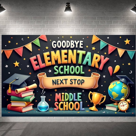 Colorful Letters Elementary Graduation Banner Star Decorations School Farewell Display Pennant Banners Graduation Cap Design Middle School Transition Backdrop for Elementary Graduation Party School