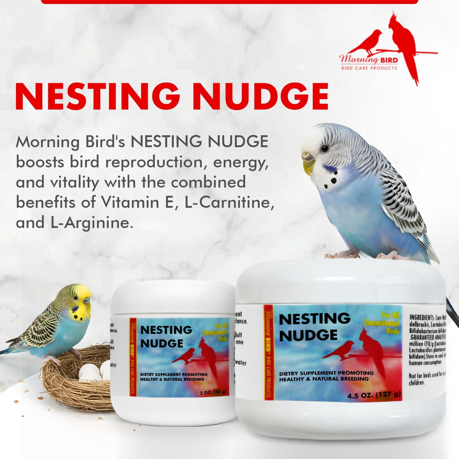 Morning Bird Nesting Nudge For Birds  4.5 Oz – Supports Reproductive Health & Energy – Stimulates Male and Female Reporductive Systems - Breeding Supplement with Amino Acids & Vitamin D3