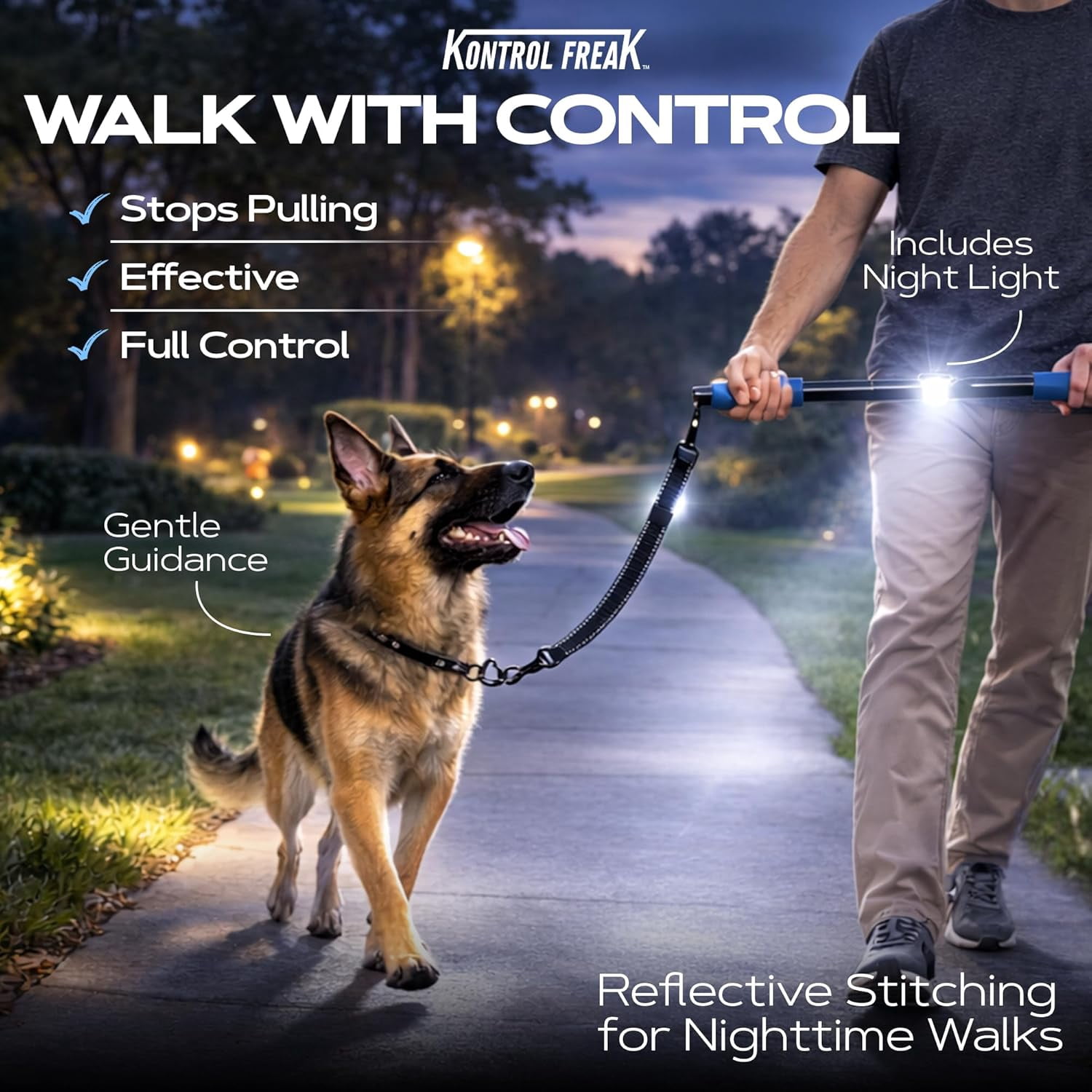 Kontrol Freak™ 3-in-1 Modular Dog Training Leash – Patented Stick Trainer to Stop Pulling, Heel Training Lead, Converts to Regular Leash – Reflective, Comfort Grip – Medium & Large Dogs
