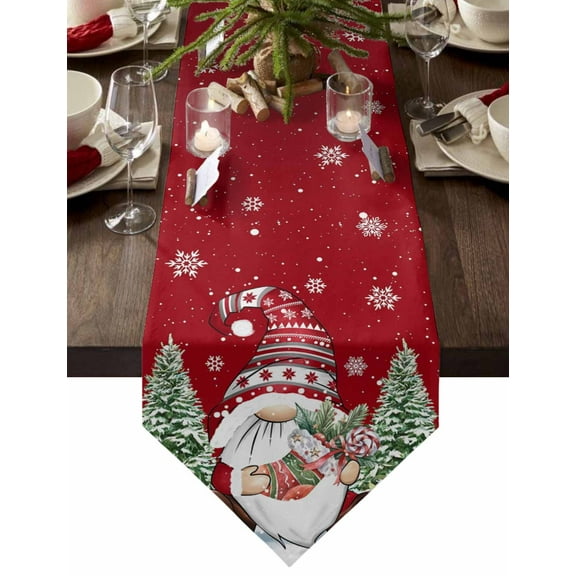 Table Runner Dresser Scarves Winter Christmas Gnome Xmas Tree Cotton Linen Burlap Table Cover Snowflake Texture on Red Table Runners for Family Kitchen Dining Holiday Party Banquet Decor