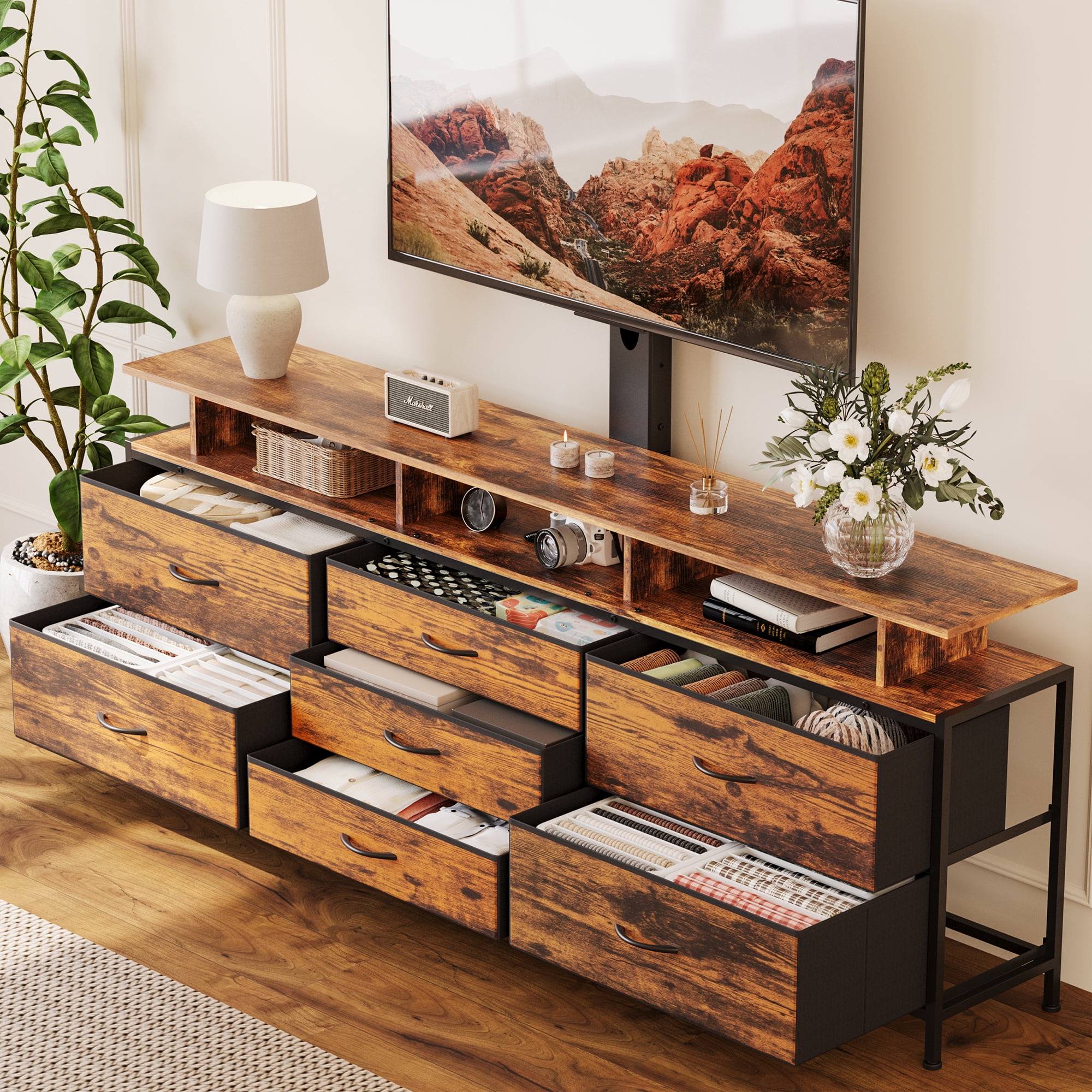 GUNAITO TV Stand with Adjustable Mount for TV up to 75", Big TV Stand for Living Room with 7 Fabric Drawers , Rustic Brown