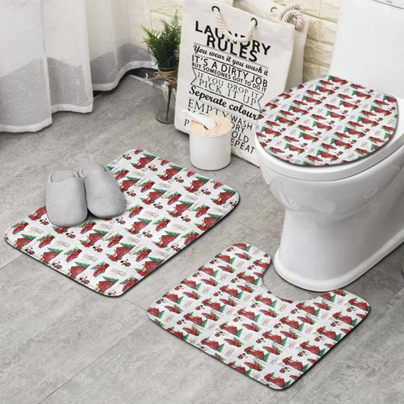Red Christmas Farm and Truck Pattern Bathroom Rugs Sets 3 Piece,Toilet Cover Set,Absorbent Non Slip Bathroom Mats Sets with U-Shaped Contour Rug Toilet Rug Set