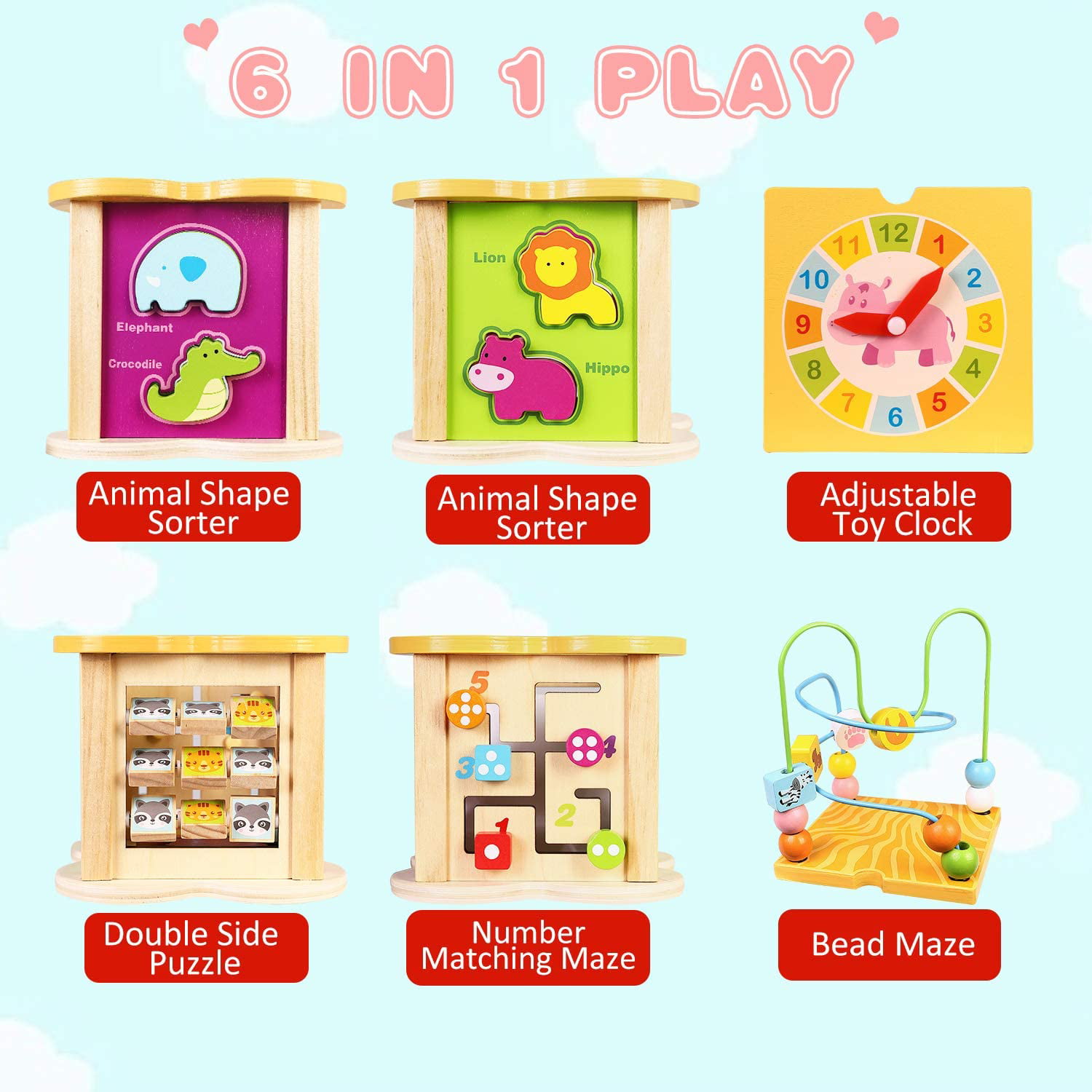 Baby Activity Cube Toys 6-in-1 Play Center Small Wooden Bead Maze Animal Shape Sorter Clock Learning Developmental Montessori Toys Gifts for 1 2 Year Old 12 Month Infant Toddler Kids Boy Girl 