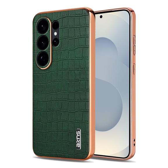 ELEHOLD Case for Samsung Galaxy S26 Ultra, Electroplated Edge Crocodile Texture Leather Shockproof Case, Full Lens Protection,Green