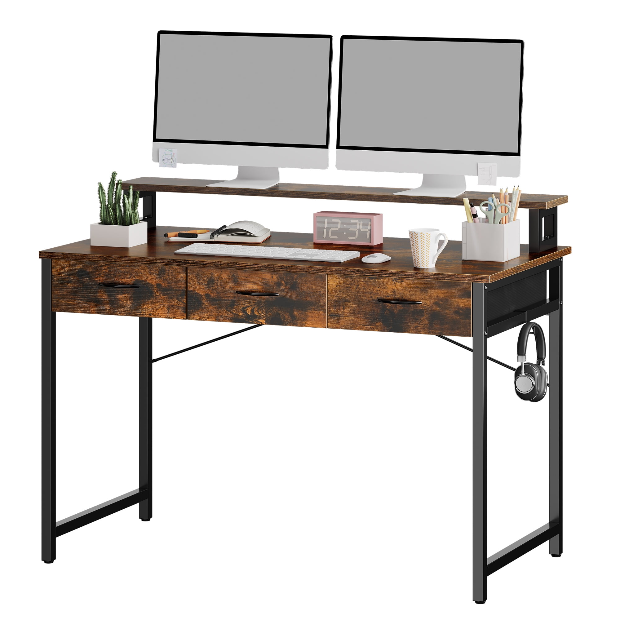 Uforic 40" Computer Desk with Monitor Stand & 3 Drawers, Modern Small Study Desk with Hooks, Home Office Desk Writing Desk for Small Space,Living Bedroom, Gaming, Brown